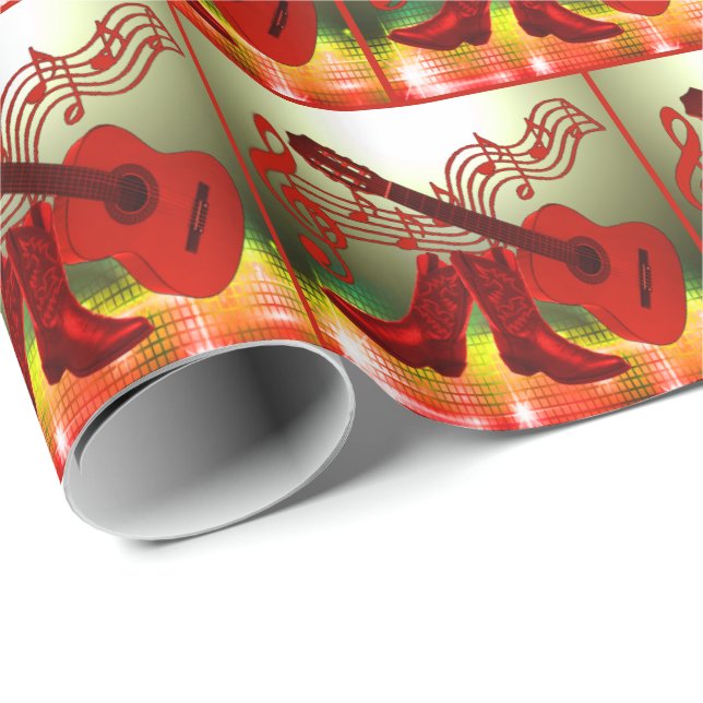 Country Western Music Red Guitar And Cowboy Boots Wrapping Paper (Roll Corner)
