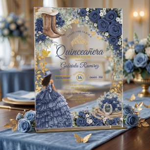 Country Western Navy Blue Roses Golden Quinceañera Acrylic Invitations