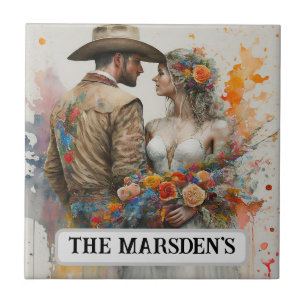Country Western Newlyweds Watercolor Ceramic Tile