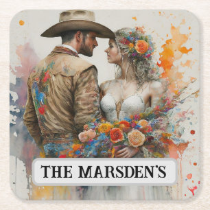 Country Western Newlyweds Watercolor Square Paper Coaster