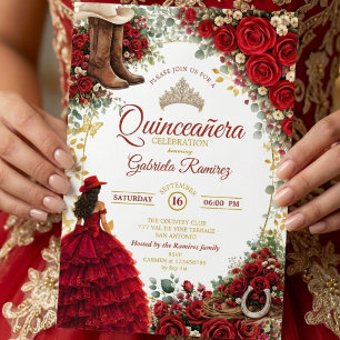 Country Western Red Roses Golden Quinceañera Invitation