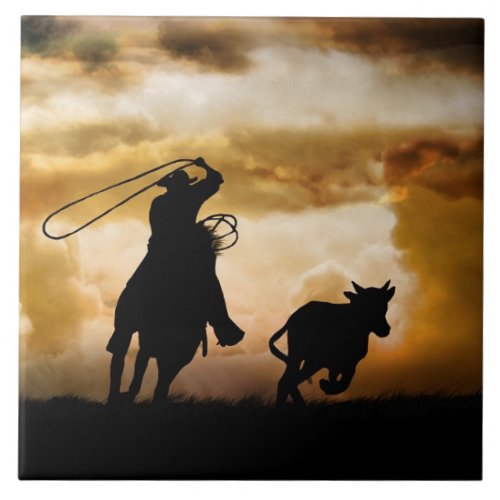 Country Western Roping Cowboy and Horse Ceramic Tile