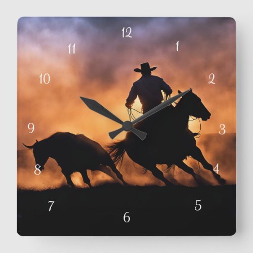 Country Western Roping Cowboy and Horse Square Wall Clock
