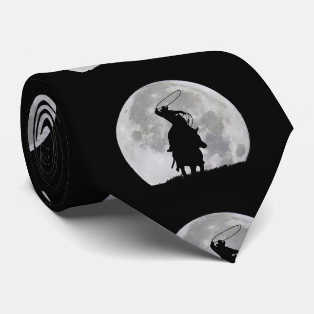Country Western Roping Cowboy and Moon Neck Tie (Rolled)
