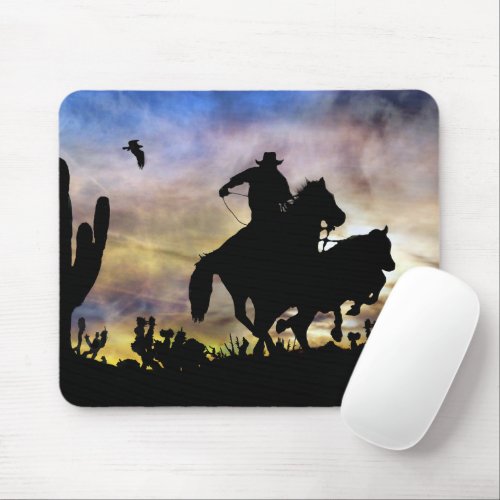 Country Western Roping Cowboy Desert Scene Mouse Pad