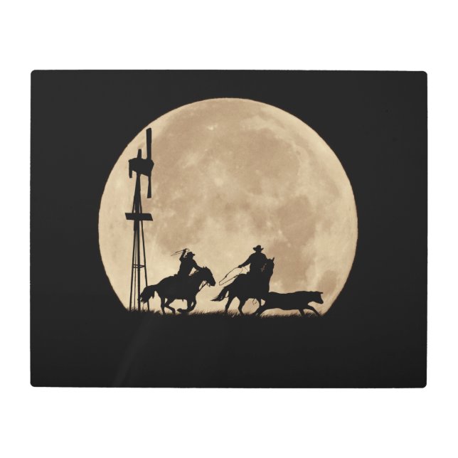 Country Western Roping Cowboys and Horses Moon Metal Print (Front)