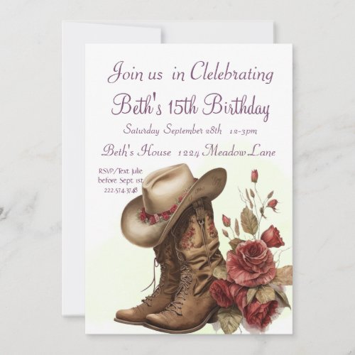 Country Western Roses 15th Birthday       Invitation