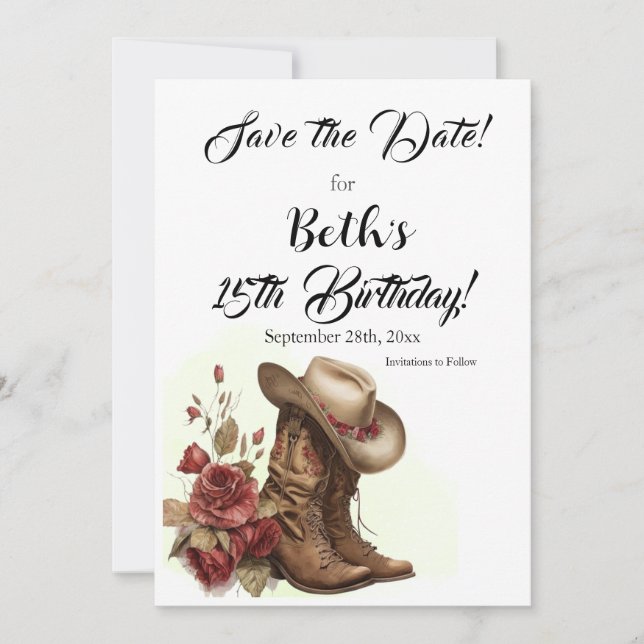 Country Western, Roses, 15th Birthday  Save The Date (Front)