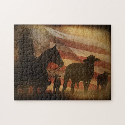 Country Western Rustic Cowboy and American Flag Jigsaw Puzzle
