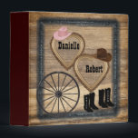 Country Western Rustic Wagon Wheel Wedding Album 3 Ring Binder<br><div class="desc">Country Rustic Wagon Wheel Wedding Photo Album. Two carved hearts where you can add your names,  and 2 pairs of boots for bride and groom. ALL DESIGN ELEMENTS ARE PRINTED, NOT ACTUAL WOOD.</div>