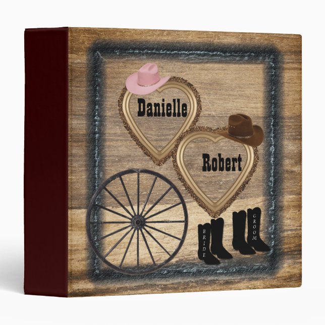 Country Western Rustic Wagon Wheel Wedding Album 3 Ring Binder (Front/Spine)