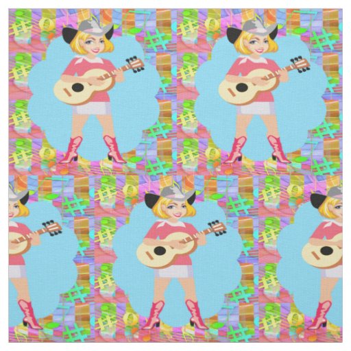 Country Western Singing Cowgirl Stands With Guitar Fabric