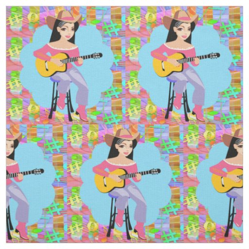 Country Western Singing Cowgirl With Guitar Fabric