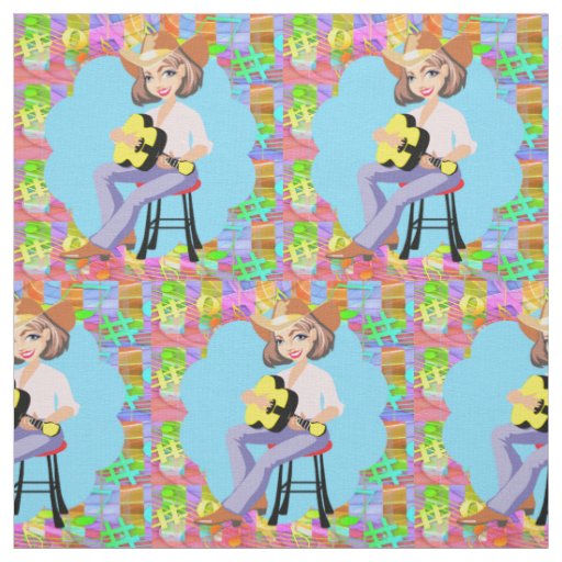 Country Western Singing Cowgirl With Yellow Guitar Fabric