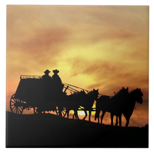 Country Western Stagecoach with Cowboys Ceramic Tile
