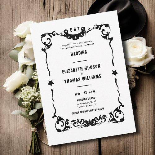 Country Western Stars Black White Formal Wedding Invitation