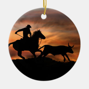 Country Western Steer Roping Cowboy Ceramic Ornament