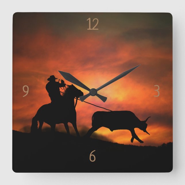 Country Western Steer Roping Long Horn Cowboy Square Wall Clock (Front)
