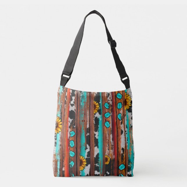 Country Western Sunflowers Turquoise Stone Wood Crossbody Bag (Front)