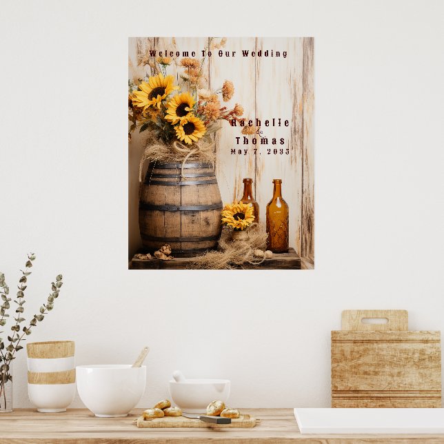 Country Western Sunflowers Whiskey Barrel Welcome Poster (Kitchen)