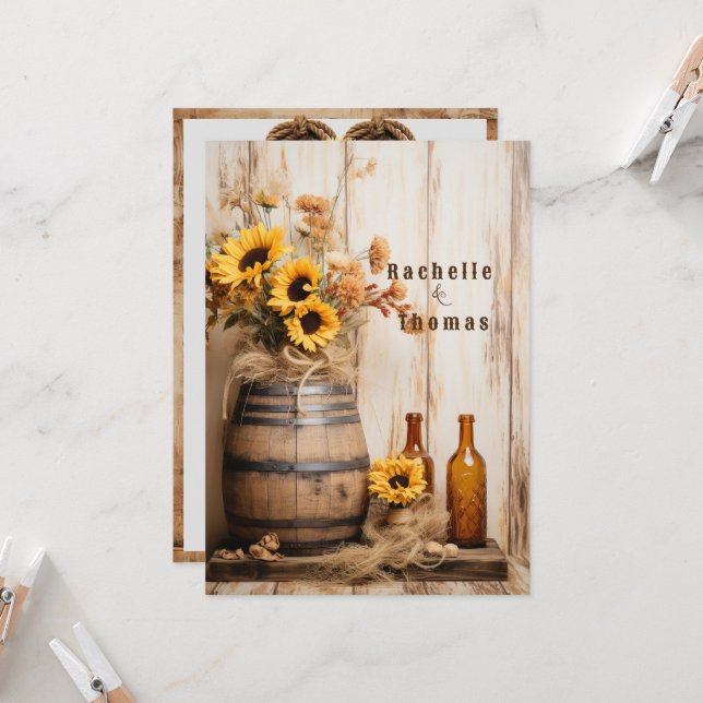 Country Western Sunflowers Whisky Barrel   Invitation (Front/Back In Situ)