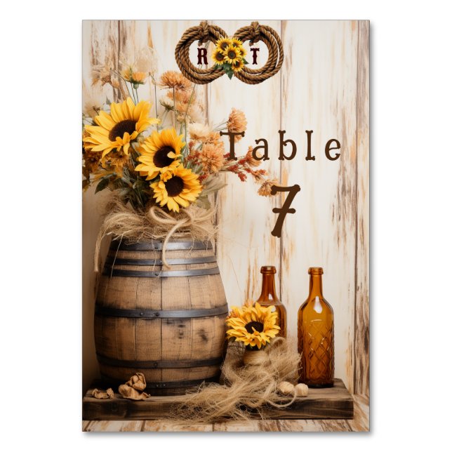Country Western Sunflowers Whisky Barrel   Table Number (Front)