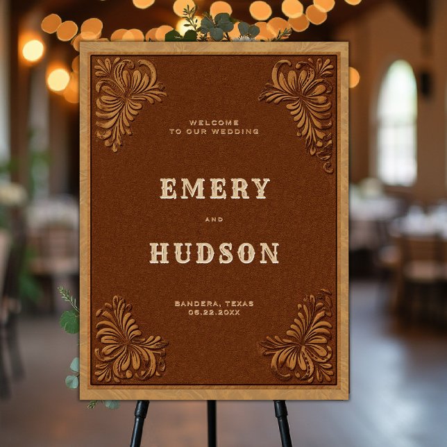 Country Western Tooled Rustic Chic Wedding Welcome Foam Board (country rustic cowboy wedding welcome faux tooled leather terracotta rust copper western barn)
