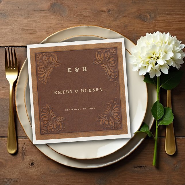 Country Western Tooled Terracotta Rustic Wedding Napkins (country rustic cowboy wedding napkin faux tooled leather terracotta rust western barn)