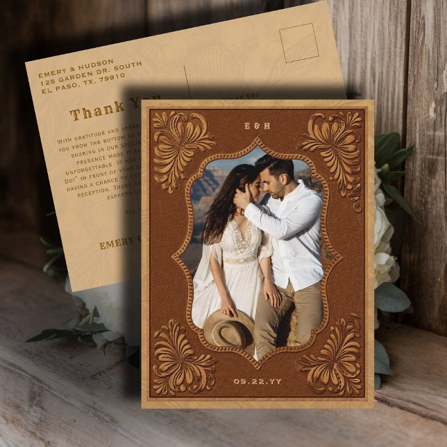 Country Western Tooled Wedding Photo Thank You Postcard (country rustic cowboy wedding thank you postcard faux tooled leather terracotta rust western barn)