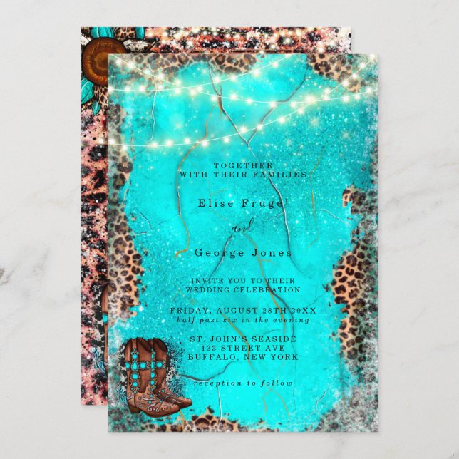 Country Western Turquoise Cowboy Boots Wedding Invitation (Front/Back)