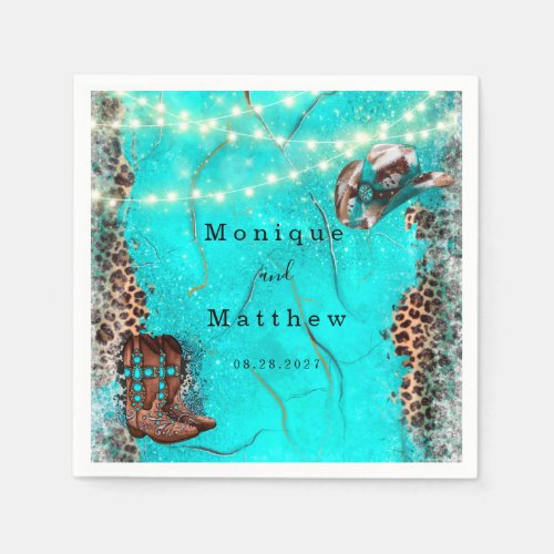 Country Western Turquoise Lights Leopard Wedding Napkins
