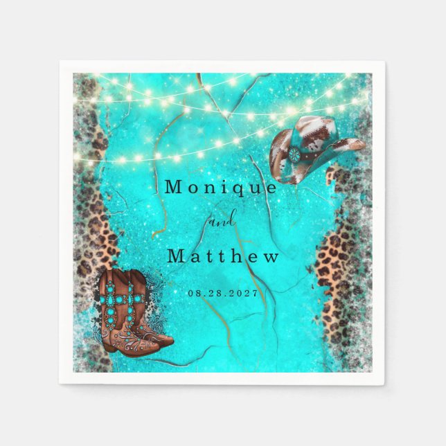 Country Western Turquoise Lights Leopard Wedding Napkins (Front)