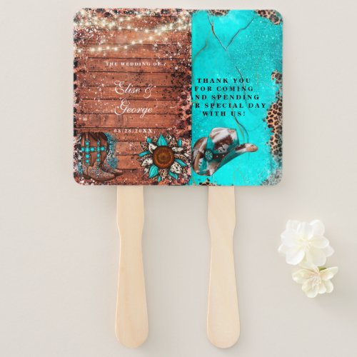 Country Western Turquoise Wood Wedding Hand Fan
