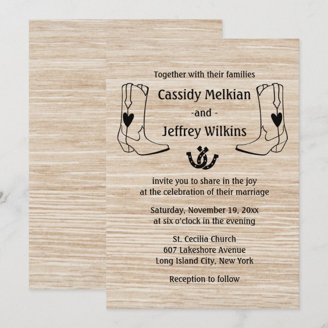 Country Western Wedding Cowboy Boots Rustic Wood Invitation (Front/Back)