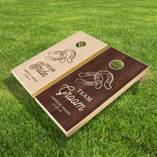 Country Western Wedding Horseshoe Brown Wood Look Cornhole Set