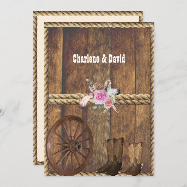 Country Western Wedding Pink Roses Feathers Rope I Invitation (Front/Back)