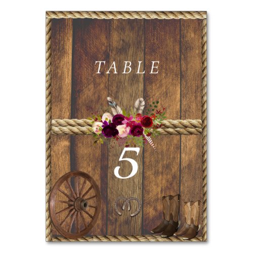 Country Western Wedding Red Pink Roses Wagon Wheel Table Number