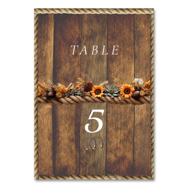 Country Western Wedding Sunflowers Succulents Rope Table Number (Front)
