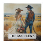 Country Western Wedding Watercolor Ceramic Tile<br><div class="desc">Country Western Wedding Watercolor, Ceramic Tile. Romantic painting of newlyweds in a rustic field setting, devoted to starting their lives together. This image was made in part by AI. It looks like a handmade watercolor artwork. Makes a great gift for the cowboy and cowgirl newlyweds. Just replace "The Marsden's" with...</div>