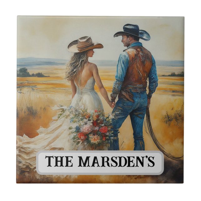 Country Western Wedding Watercolor Ceramic Tile (Front)