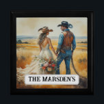 Country Western Wedding Watercolor Gift Box<br><div class="desc">Country Western Wedding Watercolor Gift Box. Romantic painting of newlyweds in a rustic field setting, devoted to starting their lives together. This image was made in part by AI. It looks like a handmade watercolor artwork. Makes a great gift for the cowboy and cowgirl newlyweds. Just replace "The Marsden's" with...</div>
