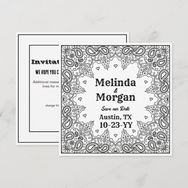 Country Western Wedding White Bandana Save The Date (Front/Back)