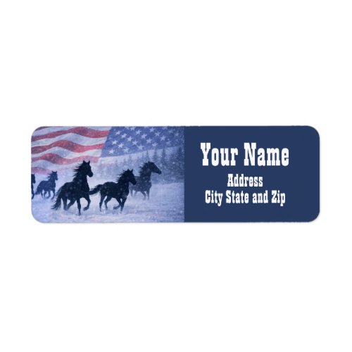 Country Western Wild Horses Flag Return Address Label