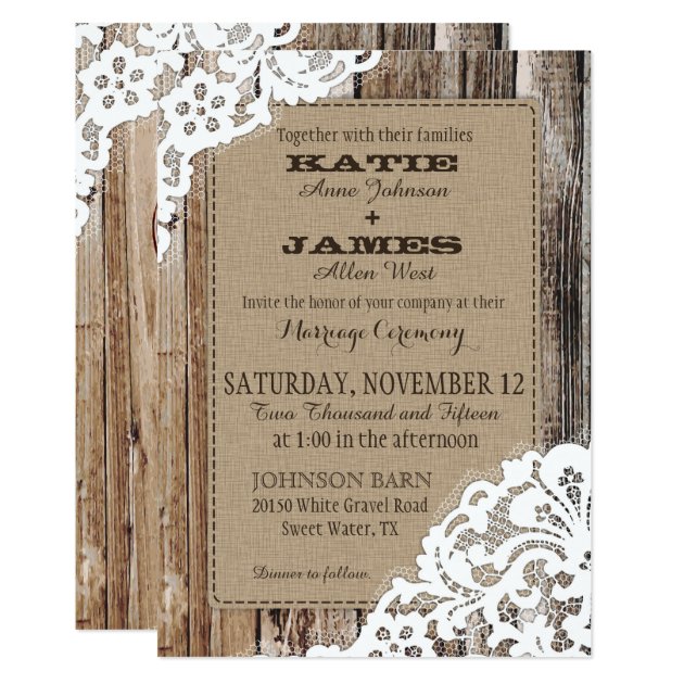 Country Western Wood Lace Rustic Wedding Invitation