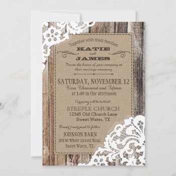 Country Western Wood Lace Rustic Wedding Invitation by NouDesigns at Zazzle