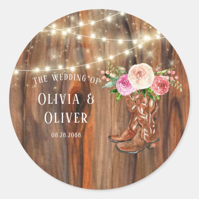 Country Western Wood Lights Boots Wedding Classic Round Sticker (Front)