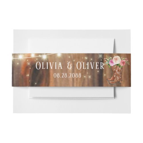 Country Western Wood Lights Boots Wedding Invitation Belly Band