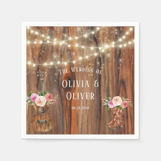 Country Western Wood Lights Violin Wedding Napkins (Front)