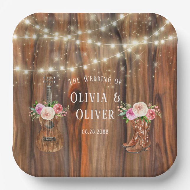 Country Western Wood Lights Violin Wedding Paper Plates (Front)