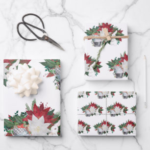 Country White Rabbit Tea Cups Poinsettia Christmas Wrapping Paper Sheets